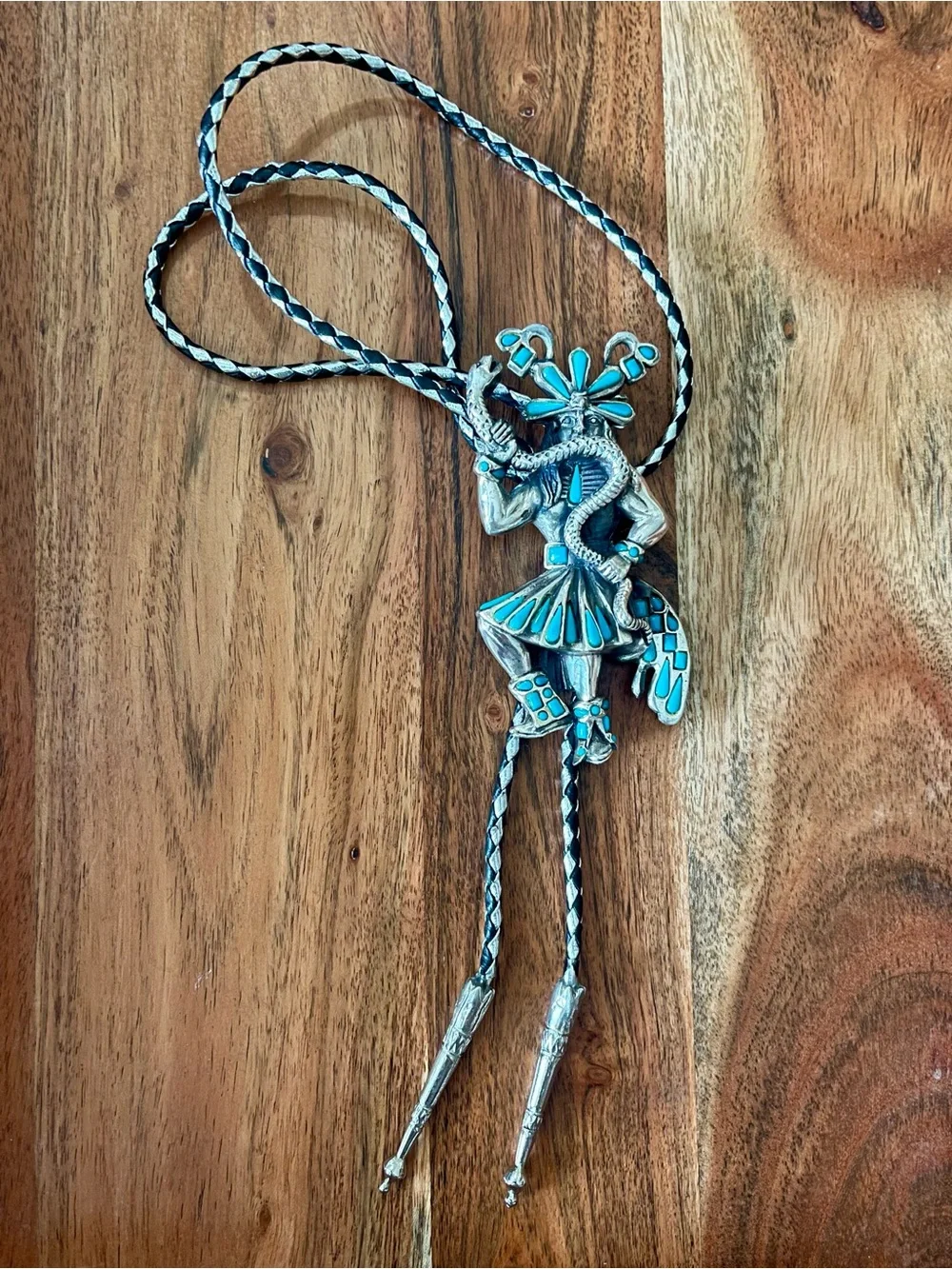 Vintage Southwestern bolo tie silver-toned Kachina dancer with snake